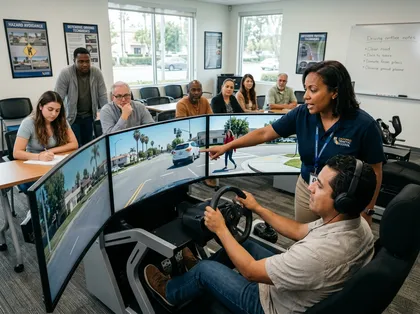 Driving instructor teaching a student on a traffic school simulator
