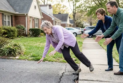 Elderly woman falling on a cracked driveway as bystanders rush to help