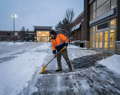 Empleado quitando la nieve de la acera de un local comercial para garantizar la seguridad de los peatones tras una nevada