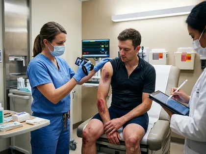 Healthcare providers documenting and treating injuries of a patient after an accident