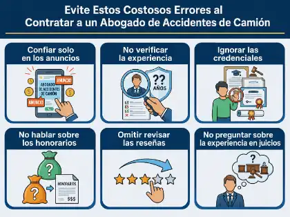 Infografía jurídica que explica los errores más comunes que hay que evitar al elegir un abogado especializado en accidentes de camión