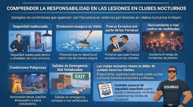 Infografía sobre la responsabilidad civil por lesiones en discotecas, en la que se destacan los riesgos habituales y las situaciones de negligencia