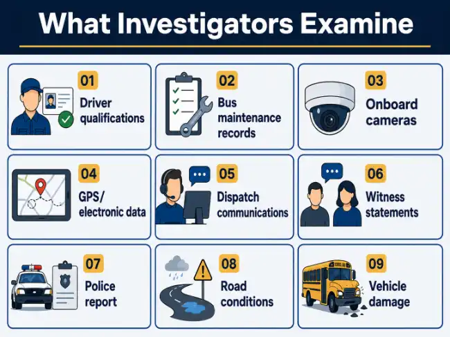 Infographic showing evidence investigators examine after a school bus accident