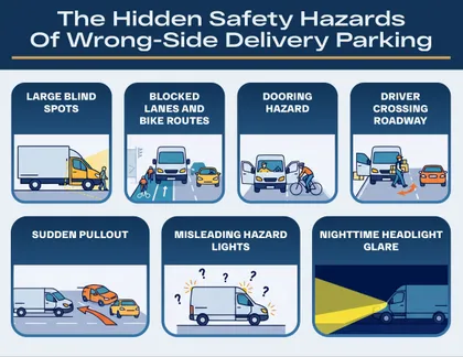 Infographic showing the hazards of wrong-side delivery vehicle parking