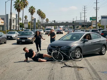 Injured cyclist after car collision with responders assisting at crash scene