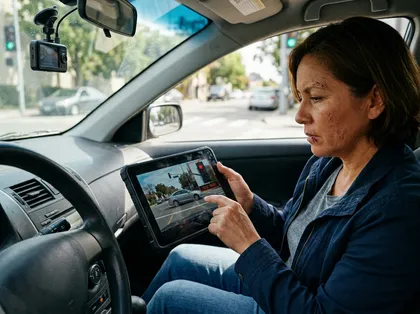 Injured driver reviewing dash cam footage on a tablet inside a vehicle after a car accident to document evidence