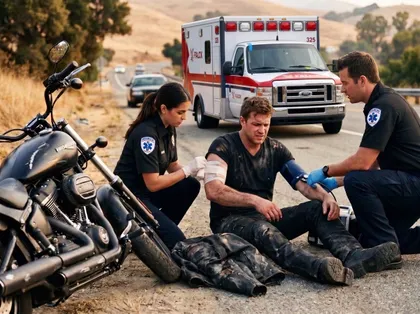 Injured motorcycle rider receiving first aid from emergency medical technicians after a crash