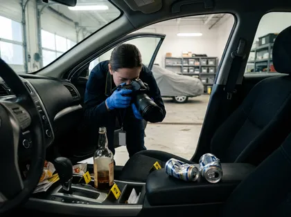 Investigador que recoge pruebas relacionadas con el alcohol en el interior de un vehículo implicado en un accidente por conducir bajo los efectos del alcohol