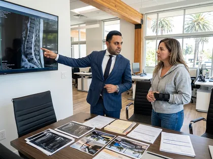Lawyer discussing spine injury evidence with a client using MRI imaging, medical reports, and accident documentation