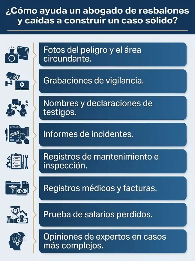 Lista de comprobación de pruebas para un abogado especializado en resbalones y caídas en una reclamación por daños personales