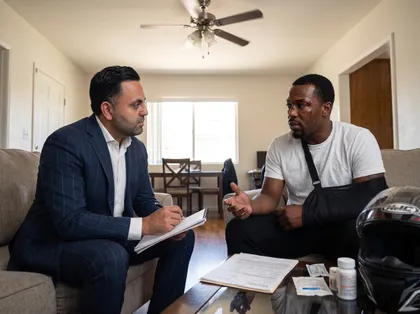 Motorcycle accident victim receiving legal advice during a home consultation with a personal injury attorney
