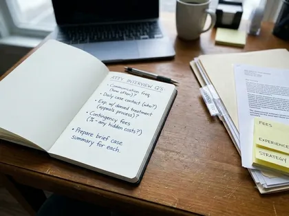 Notebook with attorney interview questions for a workers' comp consultation