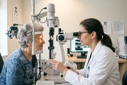 Older adult receiving an eye exam for night driving vision changes