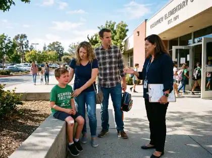 Parents comfort injured child outside school