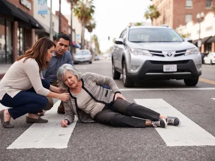 Pedestrian injured in a crosswalk receiving help from bystanders after being struck by a vehicle