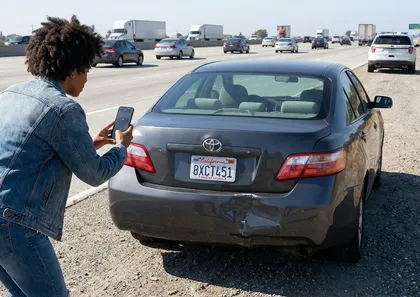Person photographing rear-end damage on a car after a highway accident to document vehicle damage