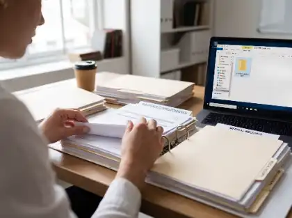 Person reviewing accident claim documents and insurance paperwork at a desk