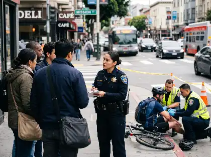 Police interview witnesses after a bicycle accident