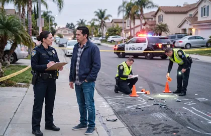 Police investigating a hit-and-run pedestrian accident scene
