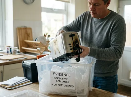 Product liability case preparation featuring a consumer preserving a burned toaster as evidence for a defective appliance