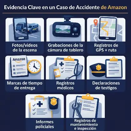 Pruebas clave que se necesitan en un caso de accidente de Amazon, sobre todo las grabaciones de la cámara del salpicadero y los informes médicos
