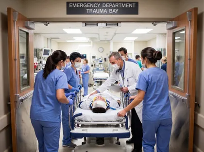 Rear-end accident victim receiving emergency medical treatment in a hospital ER