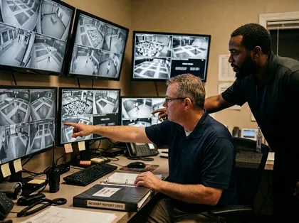 Security staff reviewing surveillance camera footage and incident report logs to investigate an accident