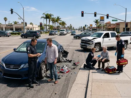 Traffic collision at a busy California intersection with police officers documenting evidence