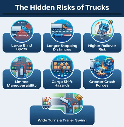 Truck accident prevention infographic showing seven hidden dangers of large trucks
