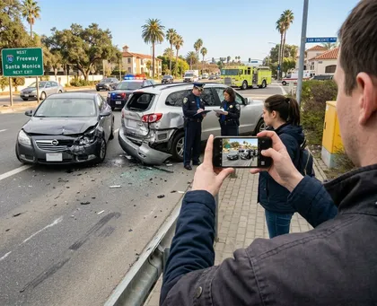 Un accidente de coche en la calle en el que un pasajero saca fotos mientras los policías investigan
