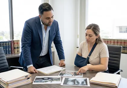 Un cliente lesionado, con el brazo en cabestrillo, revisa las pruebas con un abogado sobre la negligencia comparativa y la reducción de la indemnización por lesiones