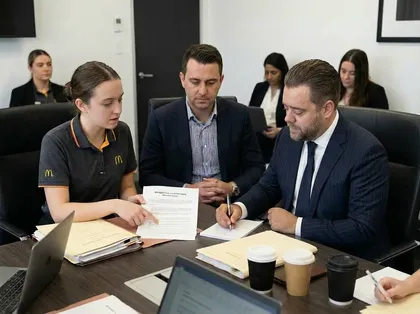 Un empleado de McDonald's hablando con un abogado sobre reclamaciones por lesiones en una reunión
