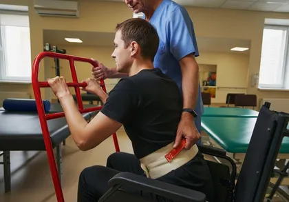 Un hombre con lesiones graves en silla de ruedas que está siguiendo un programa de rehabilitación con un profesional sanitario