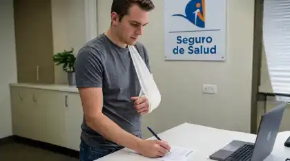 Un hombre lesionado, con el brazo en cabestrillo, firma documentos del seguro en un centro de salud.