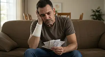 Un hombre lesionado revisa las facturas médicas en casa.