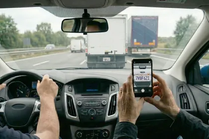 Un hombre que está apuntando la matrícula de un camión para denunciar una conducción peligrosa