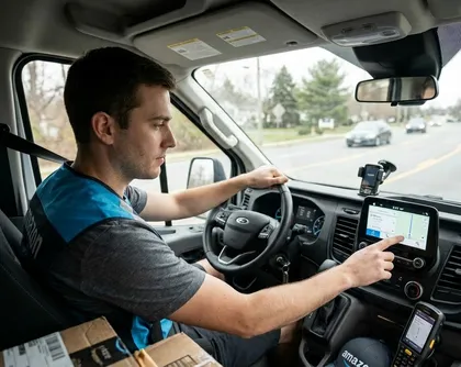 Un repartidor de Amazon que usa un sistema de navegación mientras conduce, lo que pone de manifiesto el riesgo de que se produzcan accidentes por distracción al volante