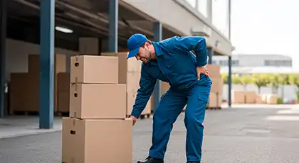 Un trabajador de almacén se sujeta la espalda con dolor tras levantar cajas pesadas