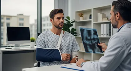 Un trabajador de la construcción lesionado revisa los resultados de una radiografía con un médico