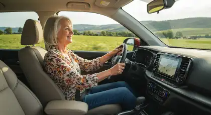 Una mujer mayor conduciendo tranquilamente en un coche moderno