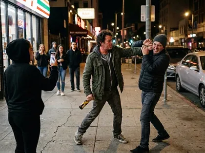 Una persona ebria que agrede a otra en una acera de la ciudad