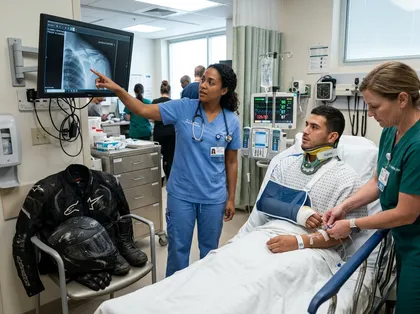 Una víctima de un accidente de moto revisa una radiografía del hombro con el personal del hospital