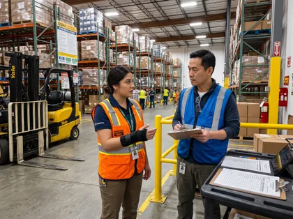 Warehouse compliance inspection featuring safety managers reviewing checklists and discussing workplace hazards