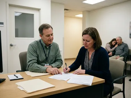 Woman signing settlement paperwork related to a motorcycle accident while receiving guidance from a legal representative
