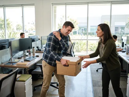 Workplace safety and injury prevention image featuring an employee with shoulder pain after moving a box in an office