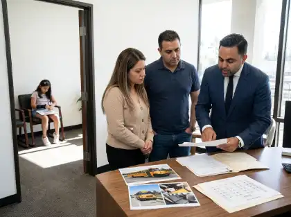 Abogado especializado en accidentes de autobús escolar hablando de los documentos legales con la familia en su despacho