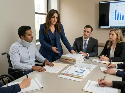 Abogado que negocia una reclamación por lesiones con un cliente y las aseguradoras