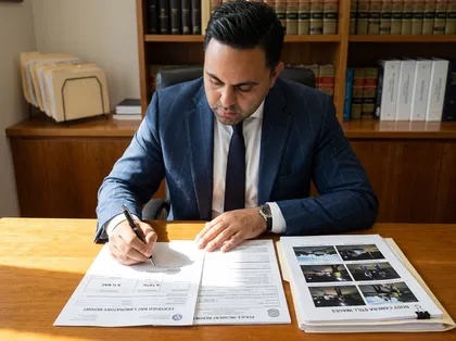 Abogado que revisa las pruebas de un accidente por conducir bajo los efectos del alcohol y los documentos del lugar del siniestro