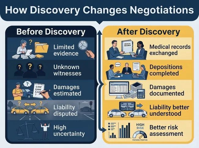 An infographic showing how discovery strengthens personal injury settlement negotiations