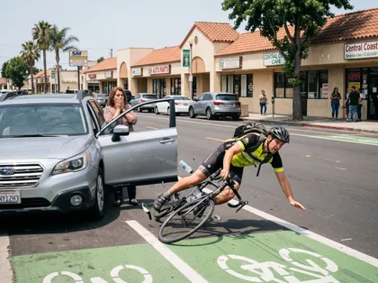 Bike accident in Fresno showing a cyclist falling beside a silver car near a marked bicycle lane